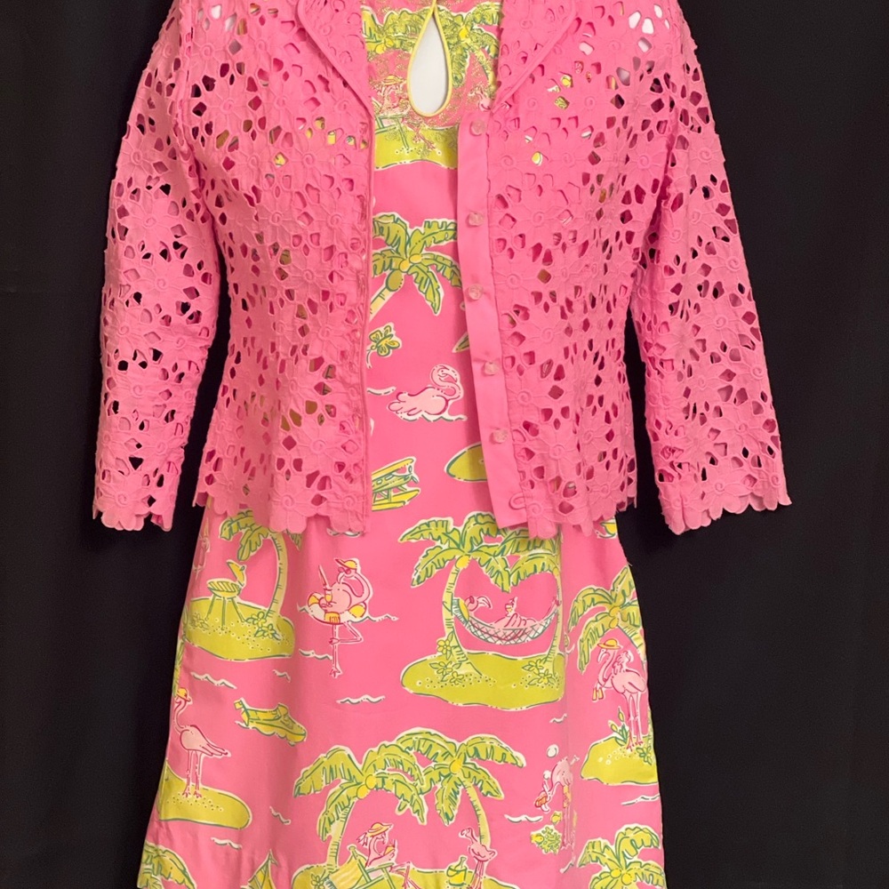 Lilly Pulitzer Women Pink Lace Jacket Tropical Dress Set Size 0 Pink Flamingos